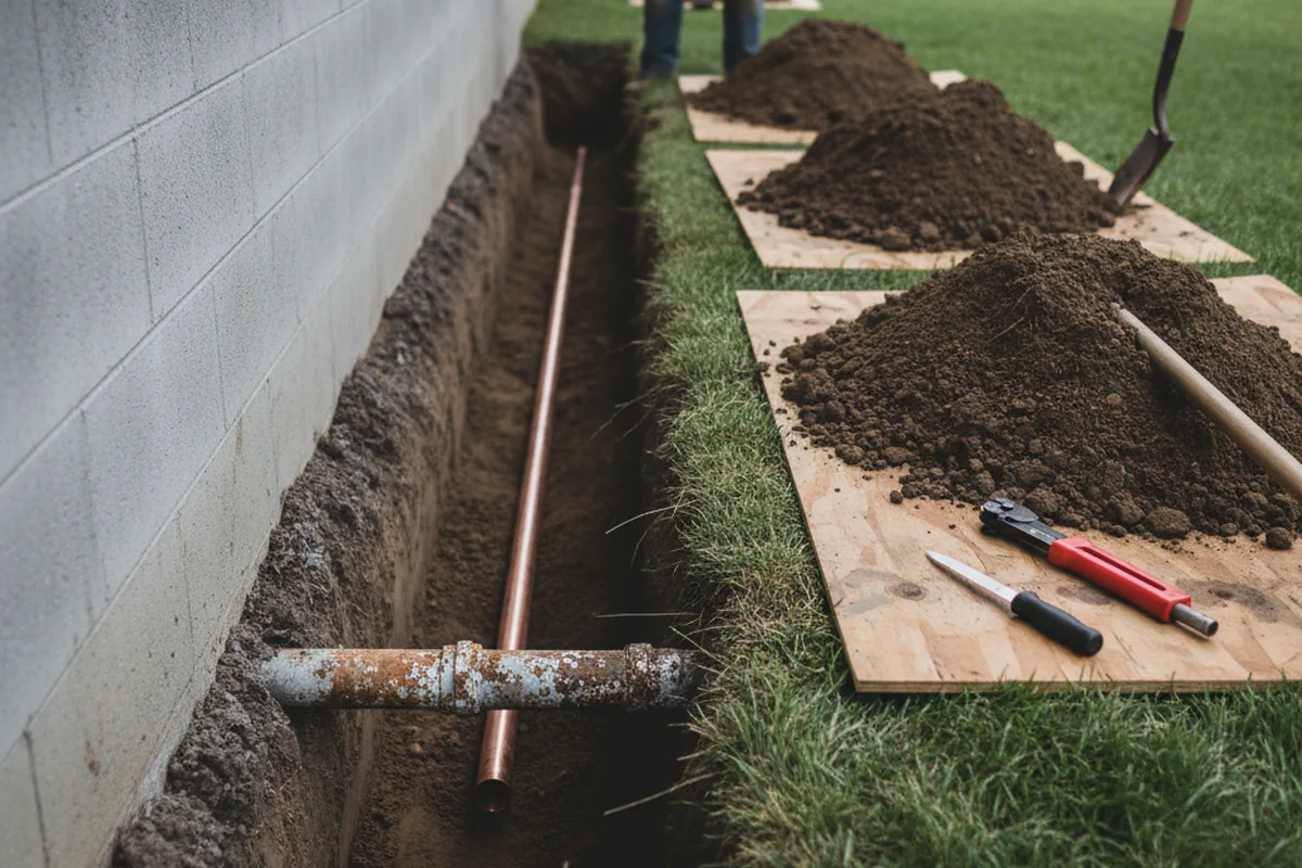 Excavated water line trench during Water Softener Installation in Raritan